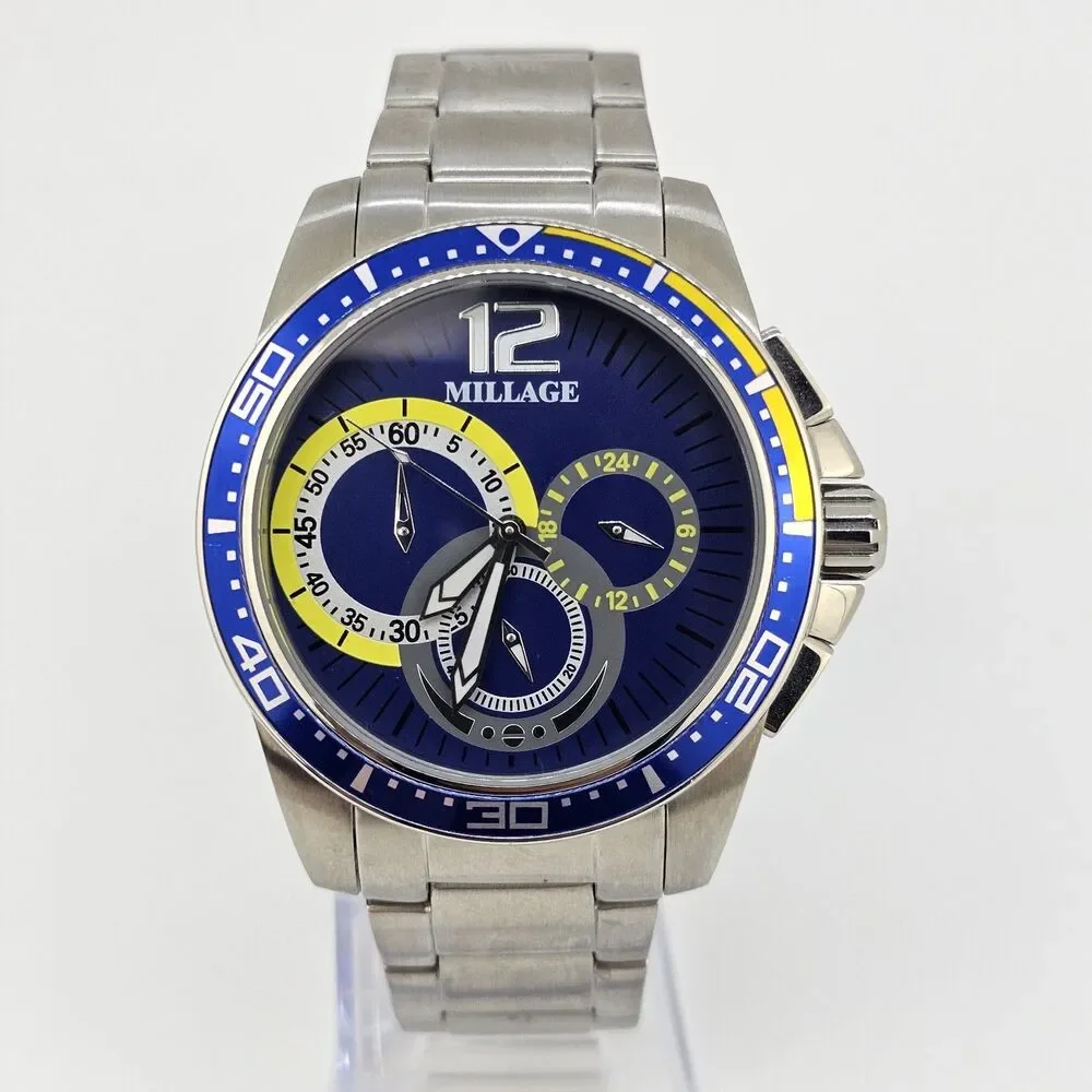 Millage Men's Watch 44MM Blue Dial Gray Bracelet Band 6.5